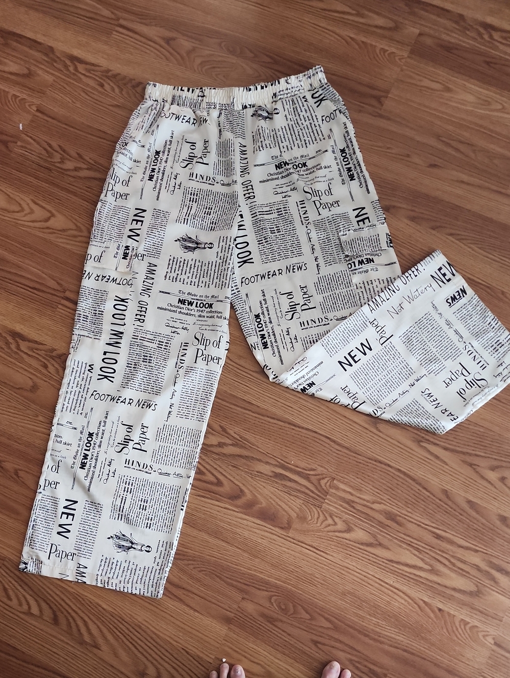 Haute Monde Beige Newspaper-Print Silk Lounge Pants